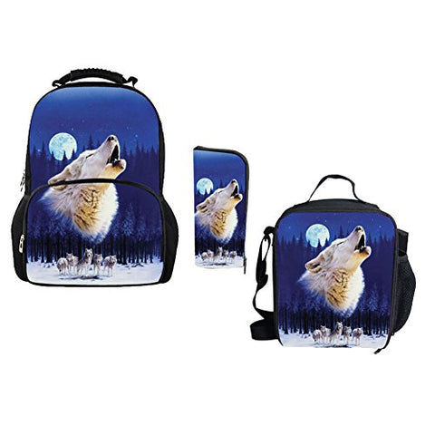 Bigcardesigns 3D Blue Wolf School Bag Backpack With Lunch Bag Pencil Case