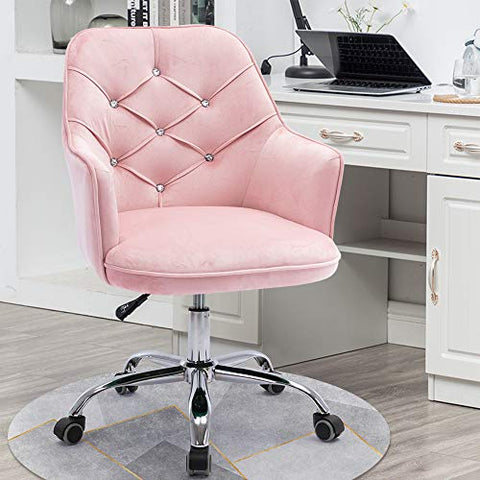 HomVent Modern Upholstered Swivel Chair, Velvet Accent Chairs, Velvet Desk Chair Leisure Arm Chair Adjustable Swivel Task Stool with Acrylic Diamond Button Decoration for Living Room/Office (Pink)