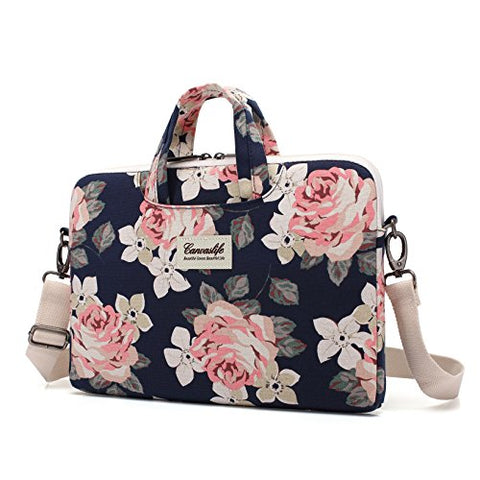 Canvaslife White Rose Patten Canvas Laptop Shoulder Messenger Bag Case Sleeve For 14 Inch 15 Inch