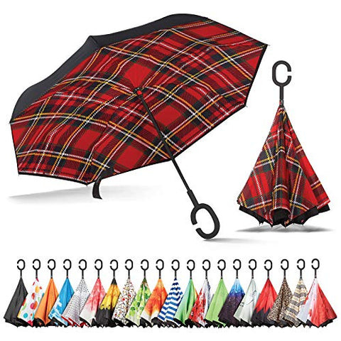 Sharpty Inverted Umbrella, Umbrella Windproof, Reverse Umbrella, Umbrellas for Women with UV Protection, Upside Down Umbrella with C-Shaped Handle (Red Plaid)