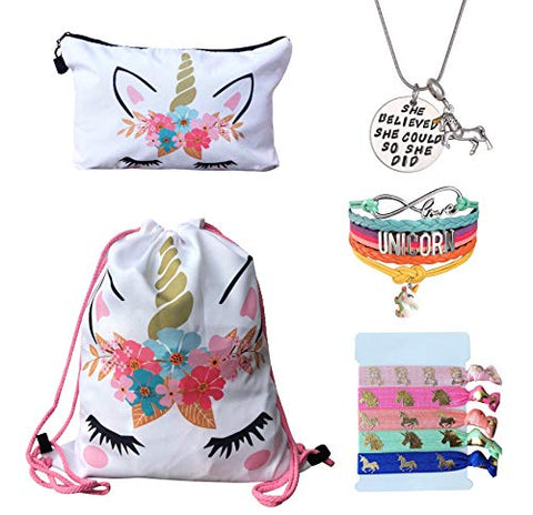 Unicorn Gifts for Girls - Unicorn Drawstring Backpack/Makeup Bag/Bracelet/Inspirational Necklace/Hair Ties (White Flower)