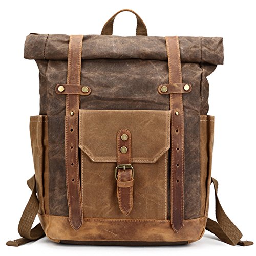Mwatcher Waterproof Waxed Canvas Leather Backpack College Weekend Travel Rucksack 15in laptops
