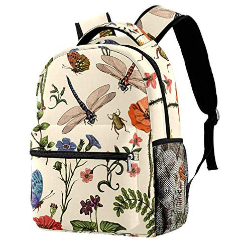 LORVIES Summer Plants Flowers Butterflies Dragonflies Beetles Pattern Lightweight School Classic Backpack Travel Rucksack for Girls Women Kids Teens