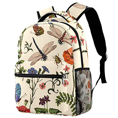 LORVIES Summer Plants Flowers Butterflies Dragonflies Beetles Pattern Lightweight School Classic Backpack Travel Rucksack for Girls Women Kids Teens