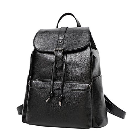 ABage Women's Buckle Flap Backpack Vintage Slim Faux Leather Travel School Backpack, Black