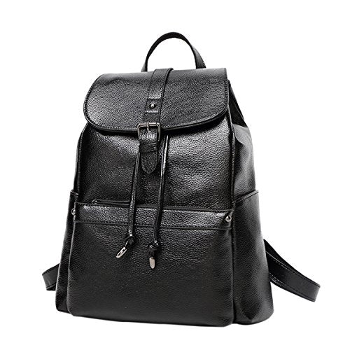ABage Women's Buckle Flap Backpack Vintage Slim Faux Leather Travel School Backpack, Black