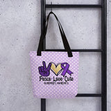 Brain Health and Alzheimer's Awareness Tote Bag Peace Love Cure Purple Polka Dot Custom Design Size 15" x 15"