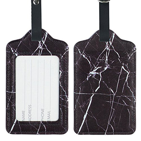 Lizimandu Pu Leather Luggage Tags Suitcase Labels Bag Travel Accessories - Set Of 2(Marble_Black)