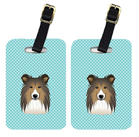 Caroline'S Treasures Bb1180Bt Pair Of Checkerboard Blue Sheltie Luggage Tags , Large, Multicolor