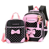 Efree 2 pcs Girl's Polka Dot Cute Bow Princess Pink School Backpack Girls Book Bag (Black)