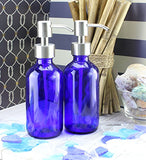 Cornucopia 8oz Cobalt Blue Glass Bottles w/Stainless Steel Pumps (2 pack), Boston Round Bottles for Essential Oils, Lotions and Liquid Soap
