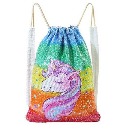 MHJY Unicorn Bag Reversible Sequin Drawstring Bag Sparkly Gym Dance Backpack,Colorful