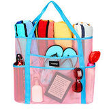 Mesh Beach Bag Toy Tote Bag Grocery Storage Net Bag Oversized Big XL with Pockets Foldable Lightweight for Family Pool Pink Color