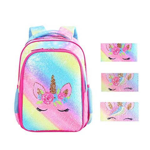 Reversible Sequin School Backpack Lightweight Little Kid Book Bag for Preschool Kindergarten Elementary (15", Rainbow Unicorn)
