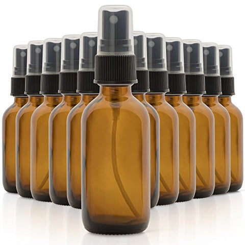 Set Of 12, 2Oz Amber Glass Spray Bottles For Essential Oils - With Fine Mist Sprayers - Made In The