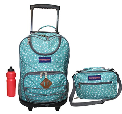 Girl's Rolling Backpack with Matching Lunch Case + Bonus (Spring Blue)