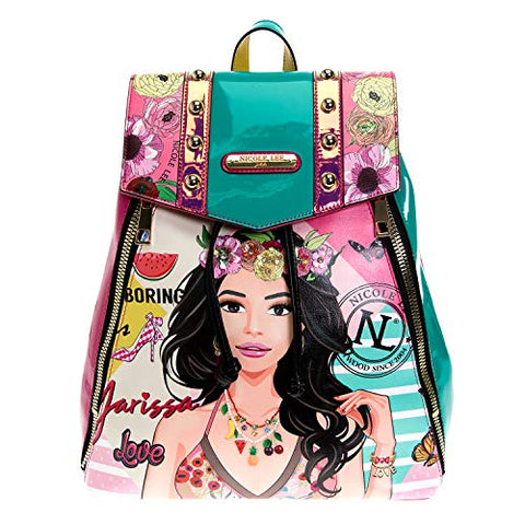 Studded Glossy Neon Floral Backpack with Adjustable Strap