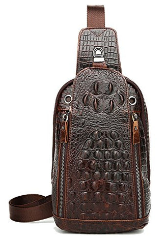 Sealinf Mens Crocodile Embossed Leather Chest Crossbody Bag Travel Sling Bag (Deep Brown)
