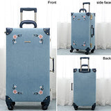 NZBZ Travel Vintage Trunk Luggage Set with Spinner Wheels Cute Retro Suitcase for Women, 2 Pieces (Embroidered Flowers Dark Blue Set, 26"+12")