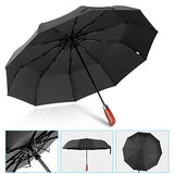 Mirviory Travel Umbrella Windproof with10 Ribs, Auto Open/Close and Wood Handle, Compact Folding