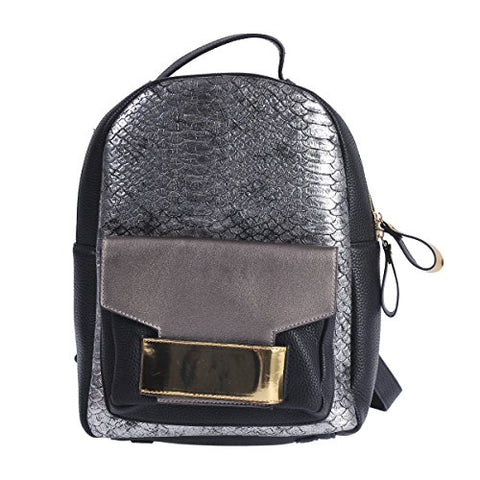 Damara Womens Shiny Snakeskin-pattern Faux Leather Lines Large Backpack,Silver