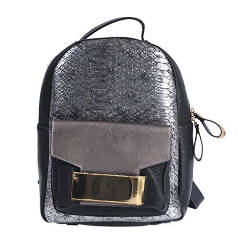 Damara Womens Shiny Snakeskin-pattern Faux Leather Lines Large Backpack,Silver