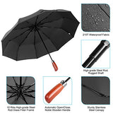 Mirviory Travel Umbrella Windproof with10 Ribs, Auto Open/Close and Wood Handle, Compact Folding
