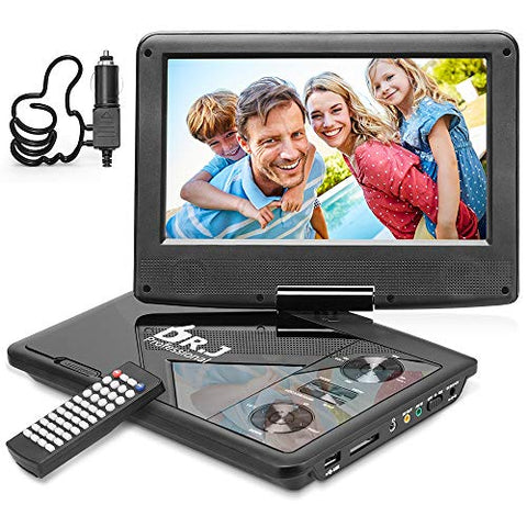 DR. J 11.5" Portable DVD Player with HD 9.5" Swivel Screen, Rechargeable Battery with Wall Charger, Car Charger and AV Cable, Sync TV Projector Function, Support USB Flash Drive SD Card, Region Free