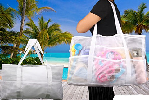 Mesh X-Large Tank Beach Bag,White Reusable Shopping Bag,Grocery Picnic Pool