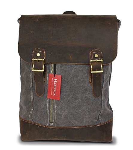 Canvas Leather Laptop Backpack – Unisex, Classic Style, Genuine Leather (Grey)