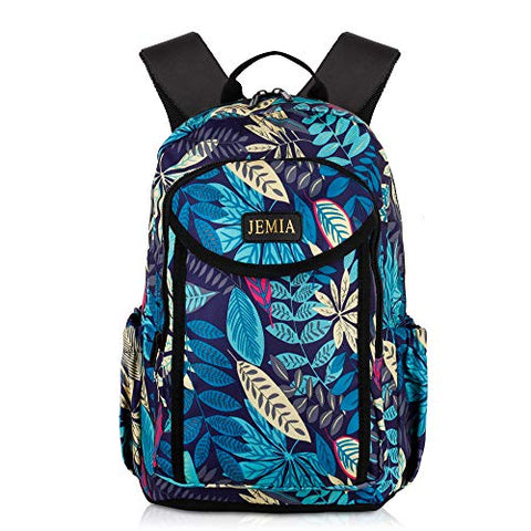 JEMIA Blue Leaves Style Backpack with Multi Compartments and Laptop Pocket Holder