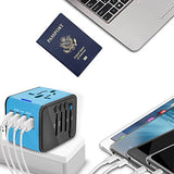 Castries Universal Travel Adapter, All-in-one Worldwide Travel Charger Travel Socket, International Power Adapter with 4 USB Ports, AC Plug for US EU UK AU & Asian Countries, Blue
