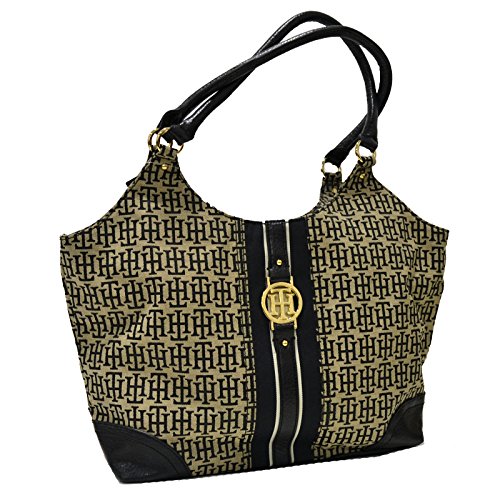 Tommy Hilfiger Black & Tan Jacquard Signature 4 Poster Shoulder Tote Bag