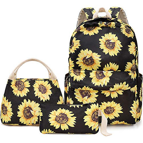 Sunflower Backpack Set 3-in-1 Kids School Bag, Junlion Laptop Backpack Lunch Bag Pencil Case Gift for Teen Girls Womens Black