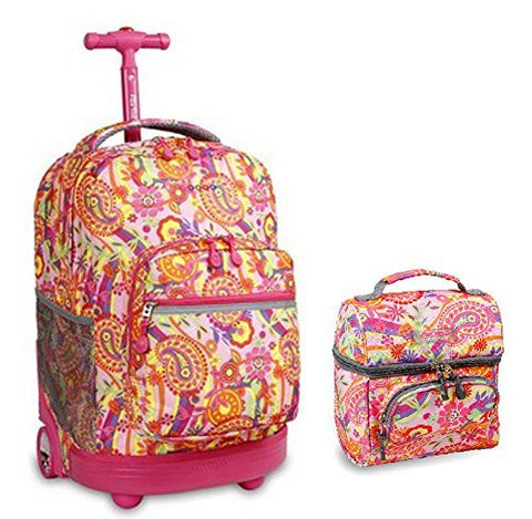 J World Combo Rolling Backpack & Lunch Bag Back To School Bundle Set Sunrise / Corey, Pink Paisley