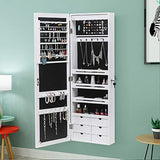 HomVent LED Non Full Body Mirror Jewelry Storage Cabinet, 8 LED Lights 4 Storage Shelves 6 Organizer Drawers Cosmetics Holder, Wall Door Mounted Cabinet, White