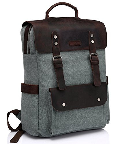 Vaschy Vintage Leather Backpack for Women and Men Canvas Ergonomic Rucksack Bookbag Daypack fits