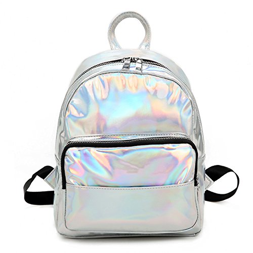 Holographic Laser Leather Backpack For Girls Pink Silver Mini Backpack For Women