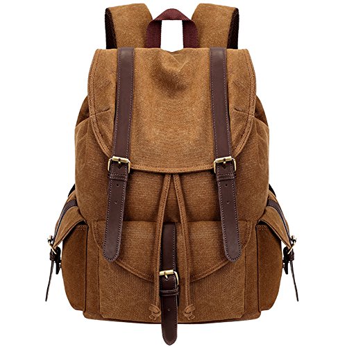 Mens Womens Casual Canvas Laptop Backpack Outdoor Travel Rucksack School Bookbags Khaki