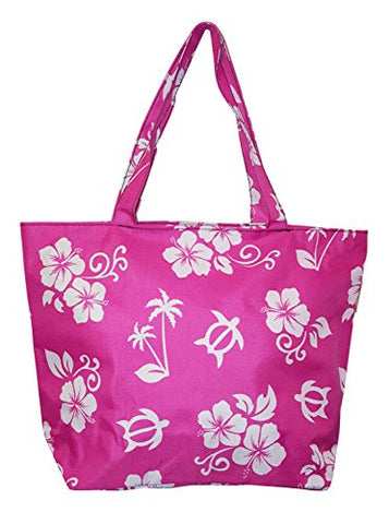Hawaiian Print Medium Sized Beach Bag Tote (Pink - Turtle & Hibiscus)