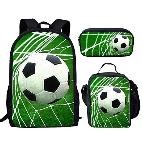 FOR U DESIGNS Sport Soccer One Set Backpack with Outdoor Insulation Lunch Bag + Pencil Case Green