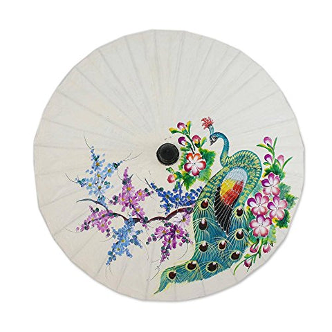 Novica Floral Mulitcolor Saa Paper And Bamboo Painted Paper Parasol, Peacock And Flowers'