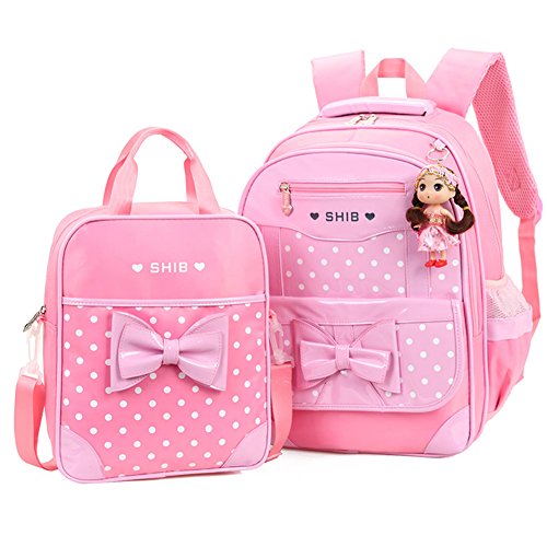 Efree 2 pcs Girl's Polka Dot Cute Bow Princess Waterproof Pink School Backpack Girls Book Bag