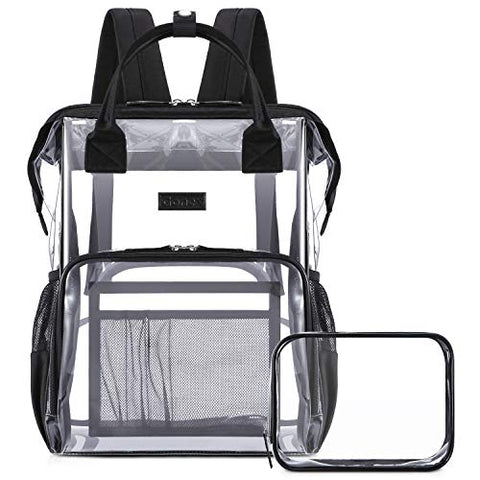 Gonex Heavy Duty Clear Backpack with Cosmetic Bag, Transparent Backpack Fits 15.6 inch Laptop for School, Work, Travel Black