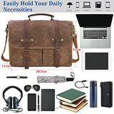 Mens Messenger Bag 15.6 Inch Waterproof Vintage Genuine Leather Waxed Canvas Briefcase Large Satchel Shoulder Bag Rugged Leather Computer Laptop Bag, Brown