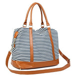 Women Ladies Canvas Weekender Bag Overnight Carry-On Tote Duffel In Trolley Handle (Blue Stripe)