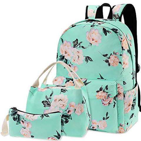 Flowers Backpack Kids School Bag 3-in-1 Bookbag Set, Junlion Rose Laptop Backpack Lunch Bag Pencil Case Gift for Teen Girls Womens Green