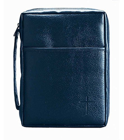 Blue Embossed Cross With Front Pocket X-Large Leather Look Bible Cover With Handle