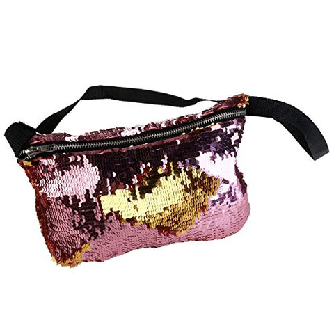 Tinksky Double Color Sequins Waist Bag Casual Outdoor Sports Bag (Gold + Pink)