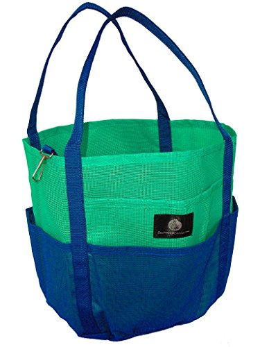 Saltwater Canvas Mesh Dolphin Bag, 7 Pockets, Medium Beach Tote, Gym, Green Navy